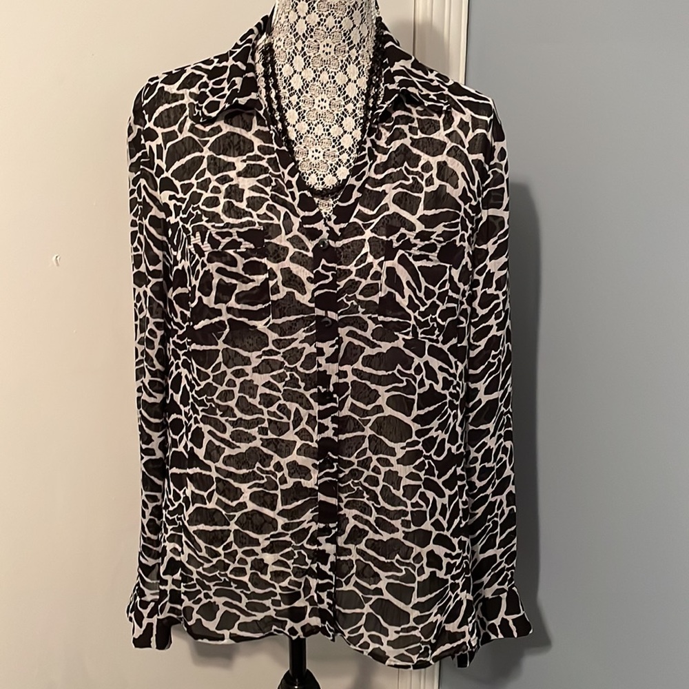 Jones New York Black and White Animal Print Sheer Button-Down Blouse